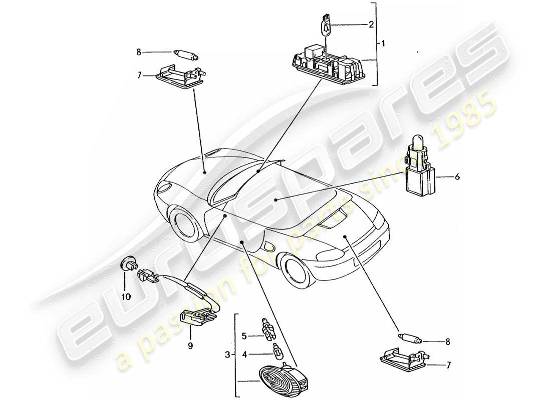 Porsche Boxster 986 (2004) INTERIOR LIGHT - LUGGAGE COMPARTMENT LAMP - ENGINE COMPARTMENT LIGHT - FOOTWELL LIGHT - DOOR HANDLE ILUMINATION - INTERIOR RELEASE Part Diagram