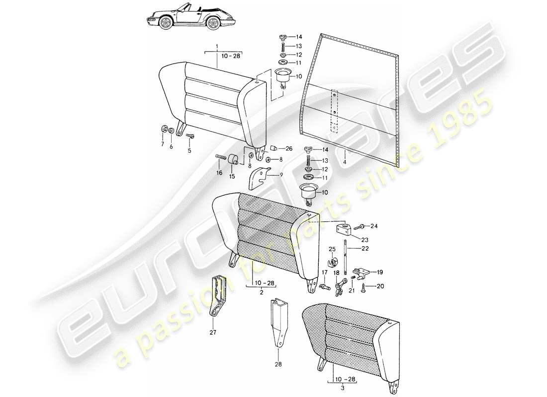 Porsche Seat 944/968/911/928 (1985) EMERGENCY SEAT BACKREST - WITH: - RELEASE BUTTON - D - MJ 1991>> - MJ 1994 Part Diagram