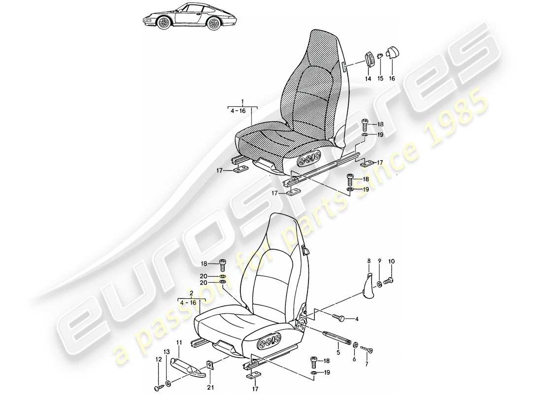Porsche Seat 944/968/911/928 (1985) FRONT SEAT - - COMFORT SEAT - ALL-ELECTRIC - COMPLETE - D - MJ 1994>> - MJ 1998 Part Diagram