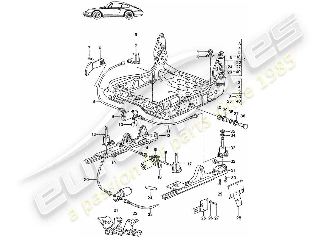 Porsche Seat 944/968/911/928 (1985) FRAME FOR SEAT - FOR - COMFORT SEAT - AND - STANDARD SEAT - WITH: - ELECT. VERTICAL ADJUSTMENT - D - MJ 1994>> - MJ 1998 Part Diagram