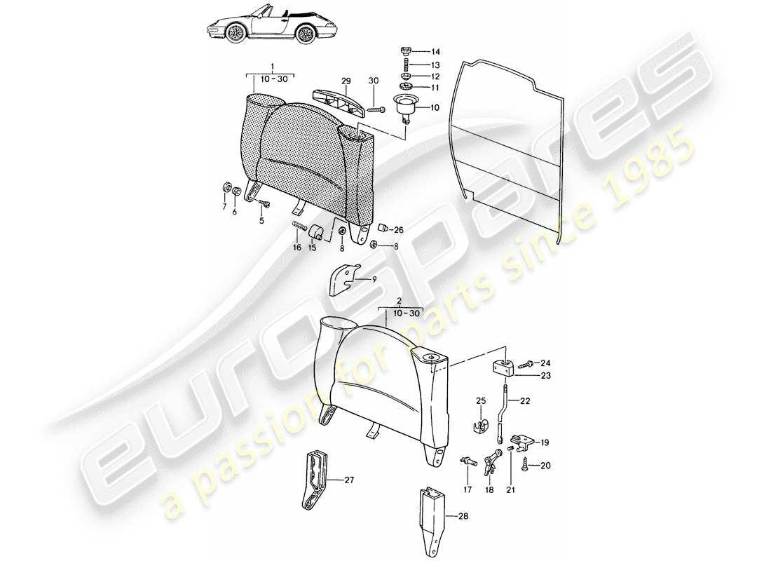 Porsche Seat 944/968/911/928 (1985) EMERGENCY SEAT BACKREST - WITH: - RELEASE BUTTON - D - MJ 1994>> - MJ 1998 Part Diagram