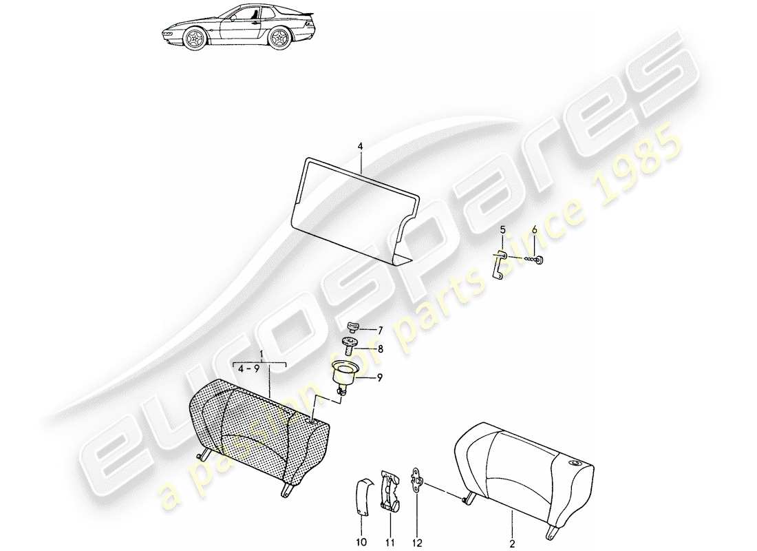 Porsche Seat 944/968/911/928 (1986) EMERGENCY SEAT - BACKREST - WITH: - RELEASE BUTTON - D - MJ 1994>> - MJ 1995 Part Diagram
