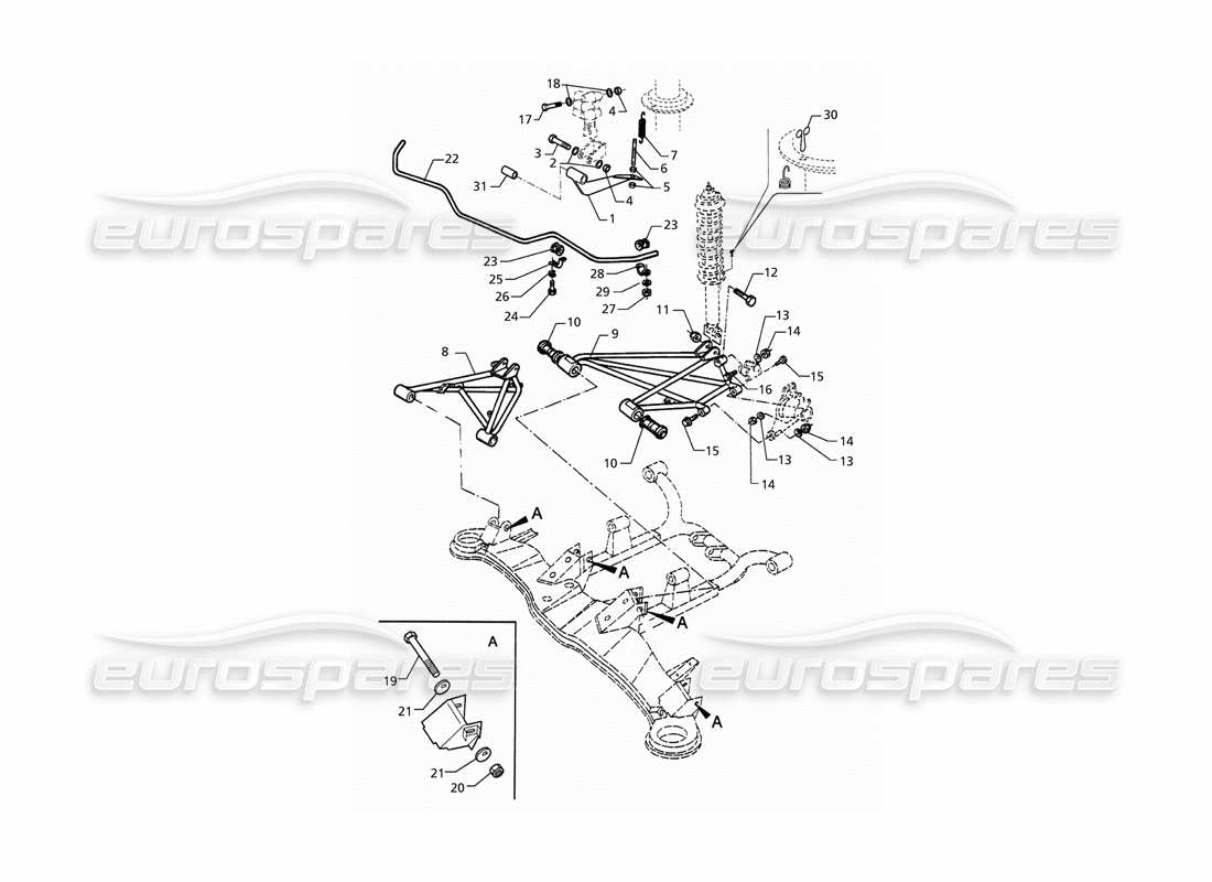 Maserati QTP. 3.2 V8 (1999) Rear Suspension and Antiroll Bar Part Diagram