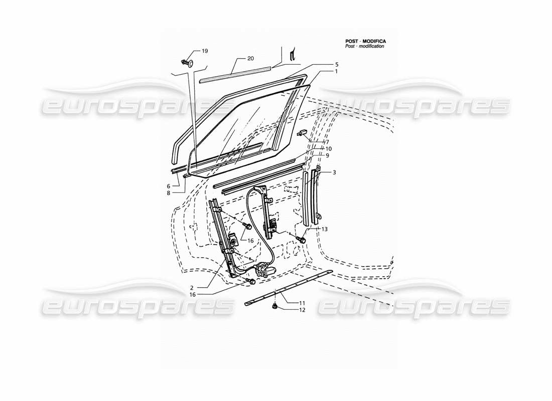 Maserati QTP. 3.2 V8 (1999) Rear Doors: Windows and Regulators (Post Modification) Parts Diagram