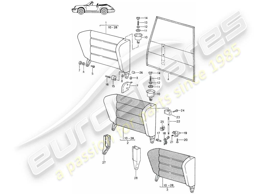 Porsche Seat 944/968/911/928 (1993) EMERGENCY SEAT BACKREST - WITH: - RELEASE BUTTON - D - MJ 1991>> - MJ 1994 Part Diagram