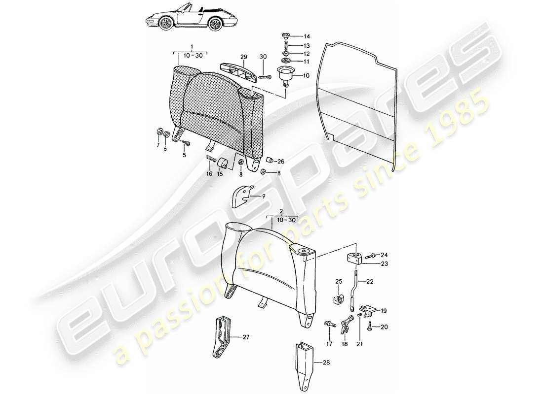 Porsche Seat 944/968/911/928 (1998) EMERGENCY SEAT BACKREST - WITH: - RELEASE BUTTON - D - MJ 1994>> - MJ 1998 Part Diagram