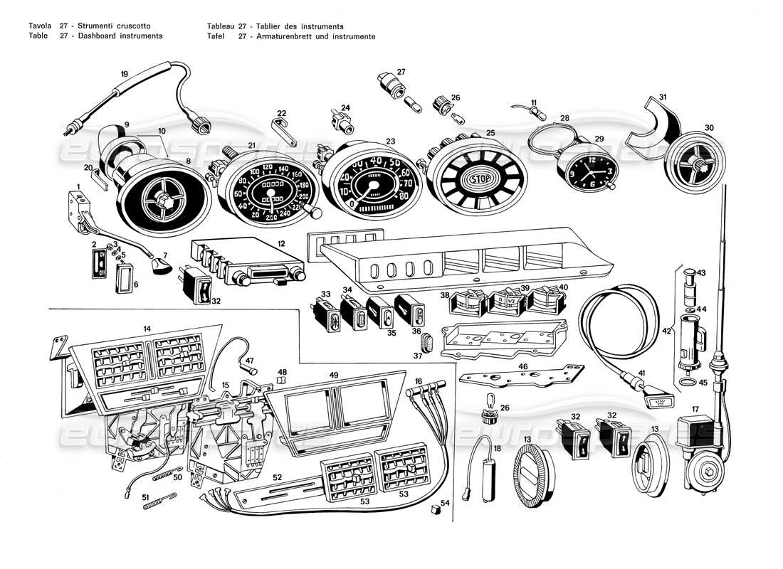 Maserati Merak 3.0 dashboard instruments Part Diagram