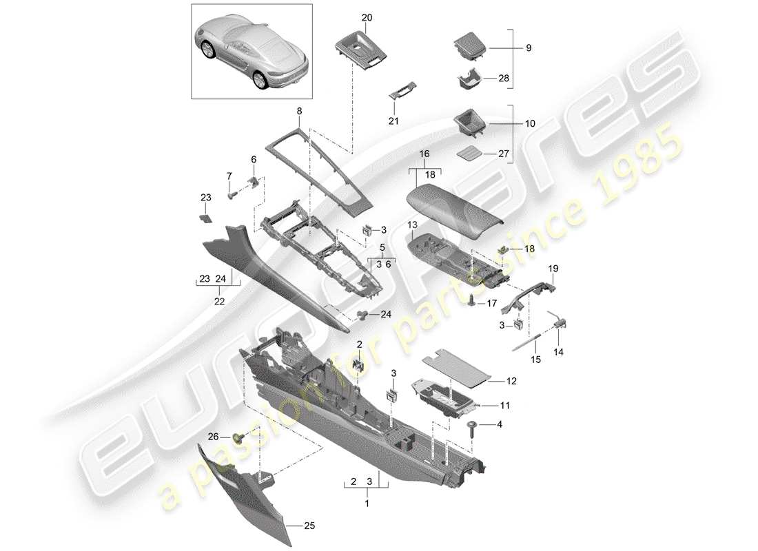 Porsche 718 Cayman (2020) CENTER CONSOLE Part Diagram