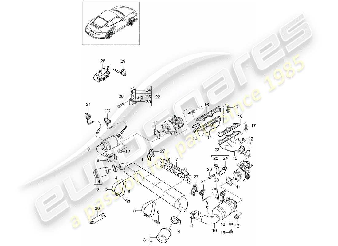 Porsche 911 T/GT2RS (2011) Exhaust System Part Diagram