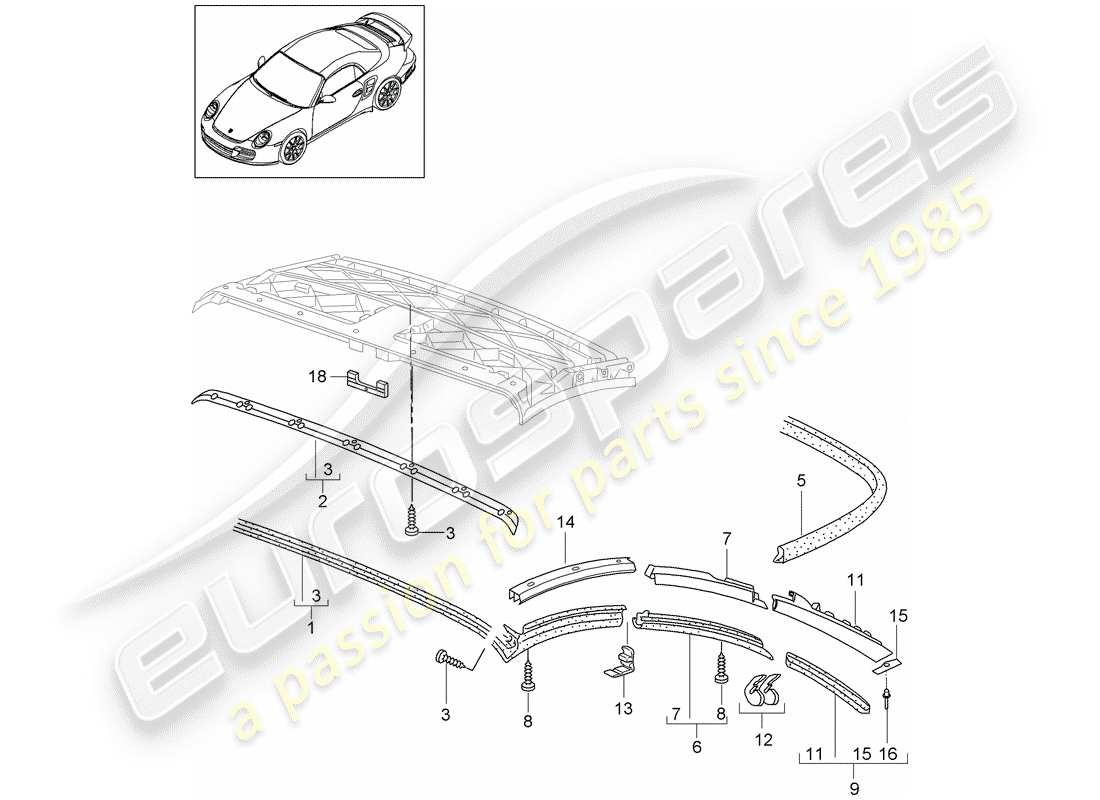 Porsche 911 T/GT2RS (2011) Convertible top Part Diagram