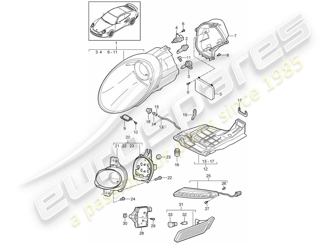 Porsche 911 T/GT2RS (2011) headlamp Part Diagram