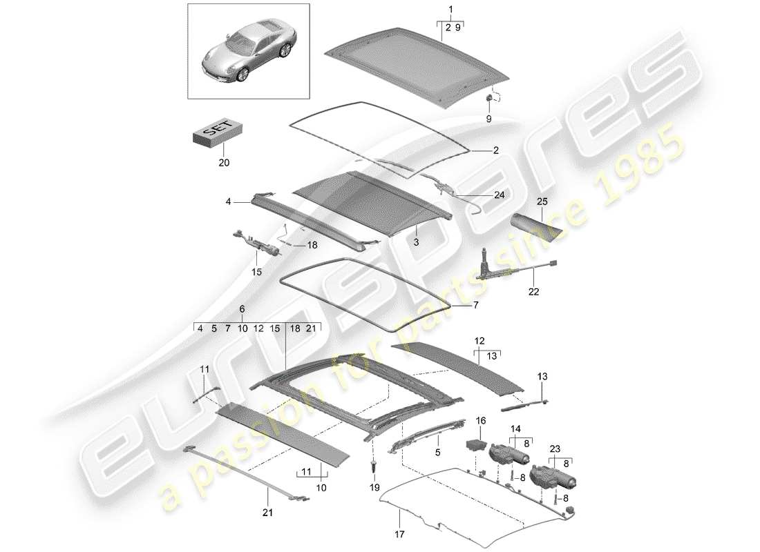 Porsche 991 (2013) glass roof Part Diagram