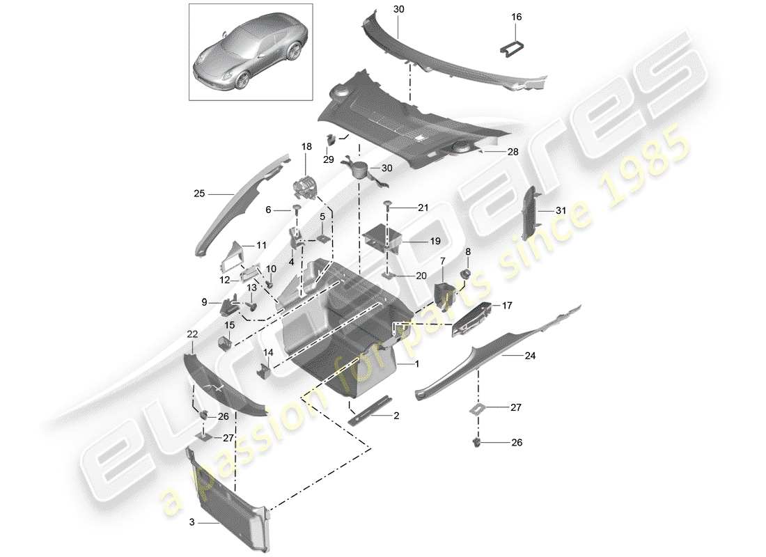 Porsche 991 (2014) luggage compartment Parts Diagram