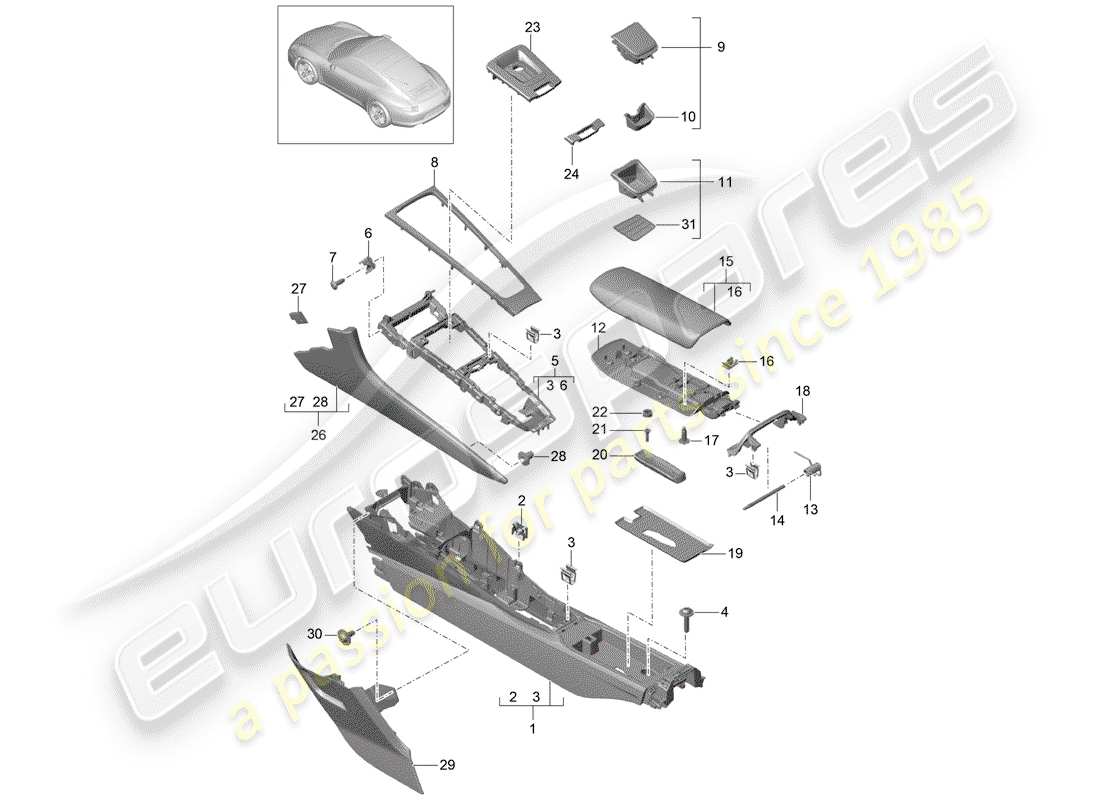 Porsche 991 (2015) CENTER CONSOLE Part Diagram