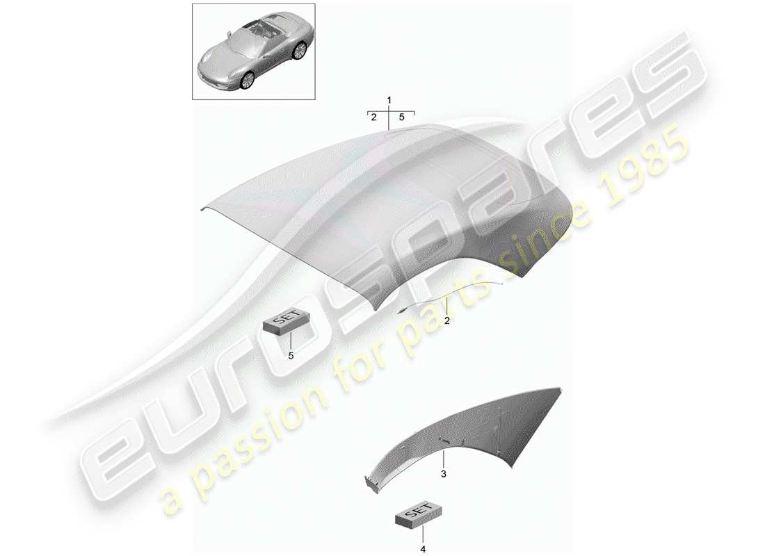 Porsche 991 (2015) convertible top covering Part Diagram