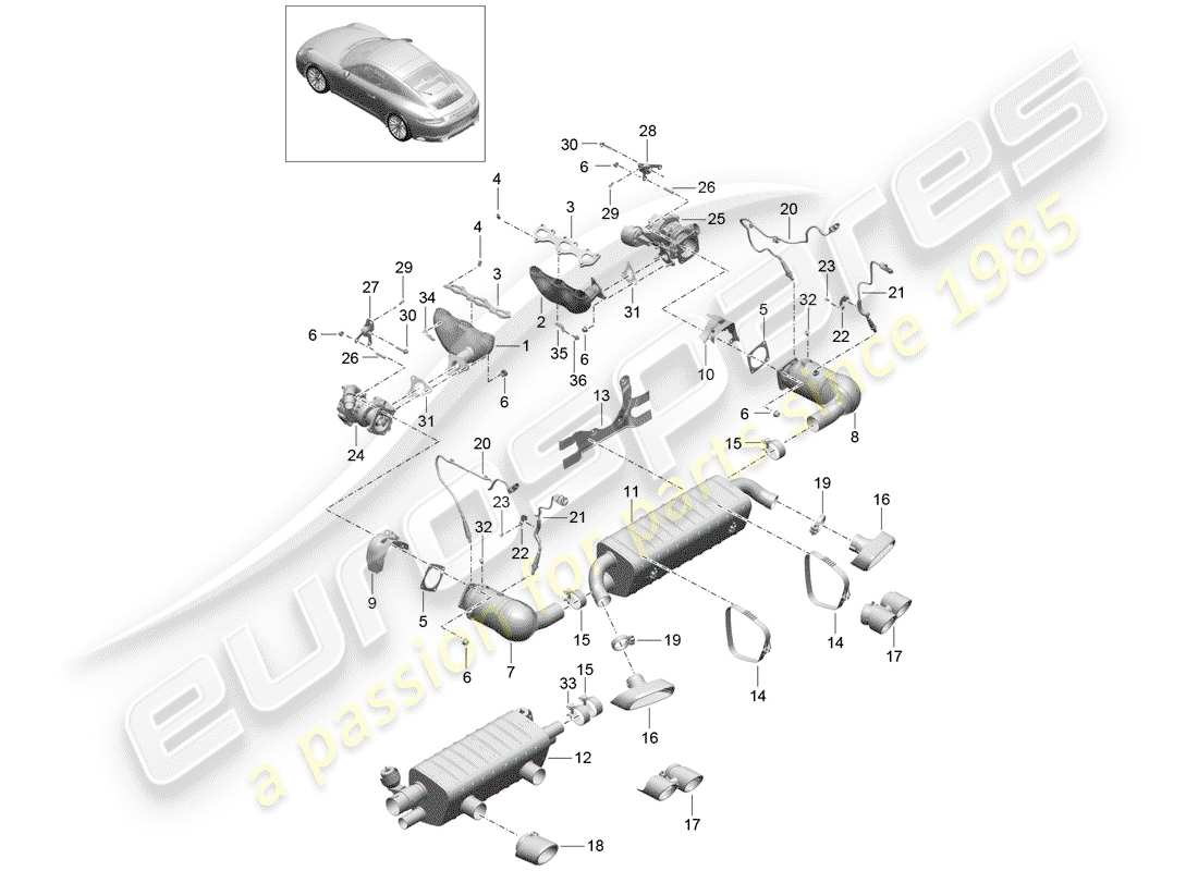 Porsche 991 Gen. 2 (2017) Exhaust System Part Diagram