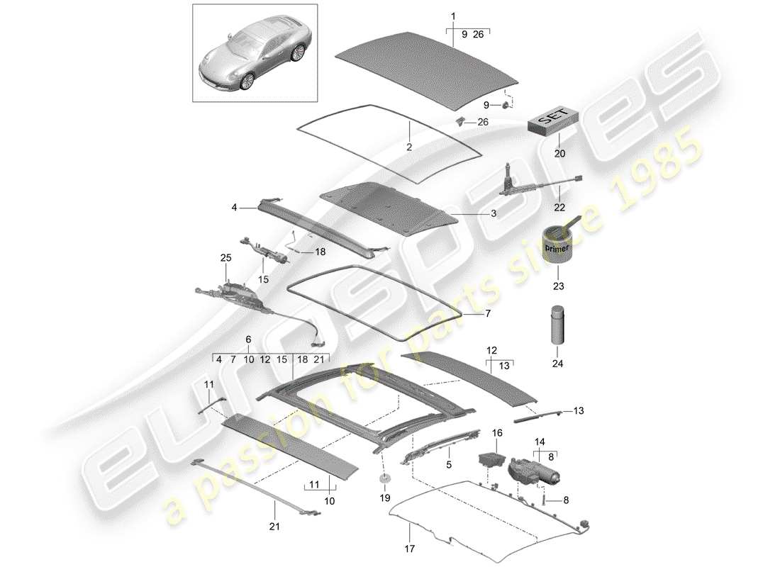 Porsche 991 Gen. 2 (2017) sliding/tilting roof Part Diagram