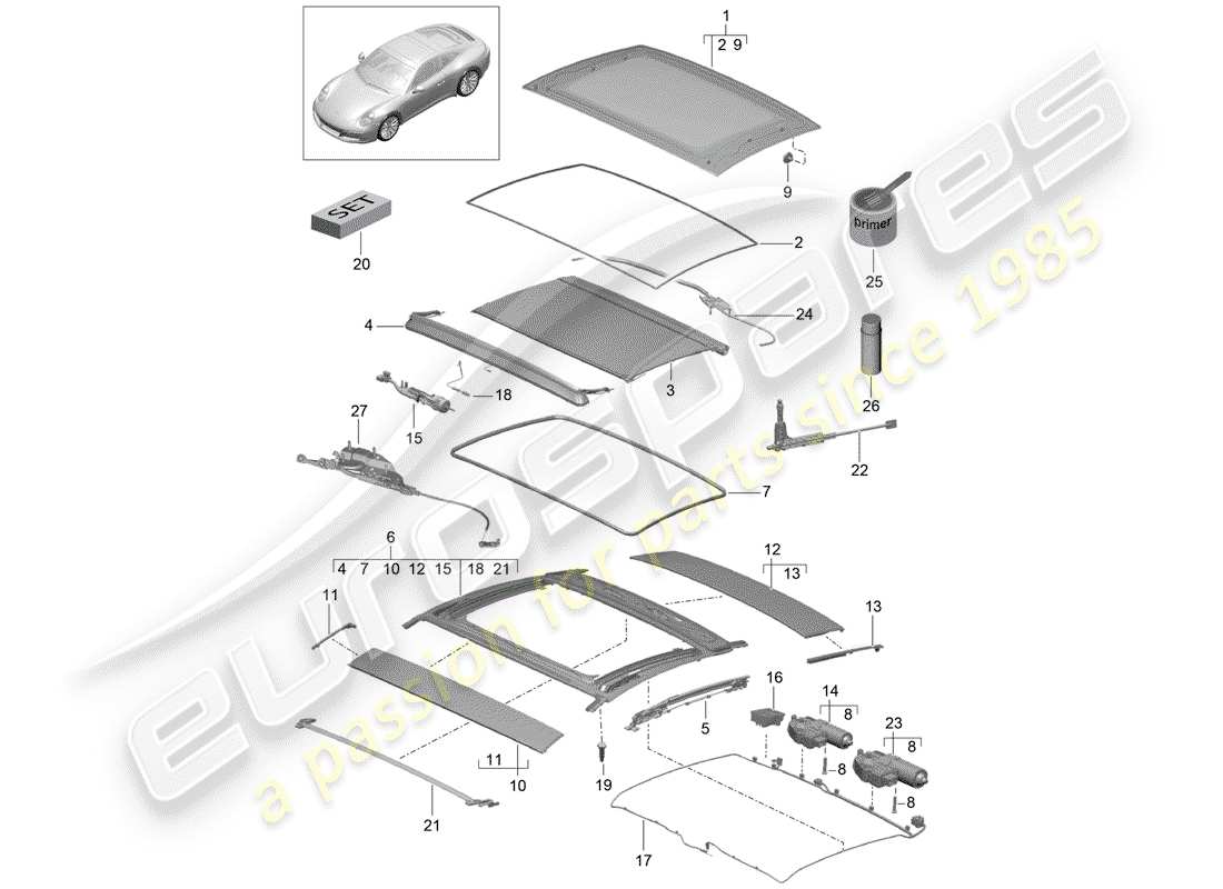 Porsche 991 Gen. 2 (2017) glass roof Part Diagram