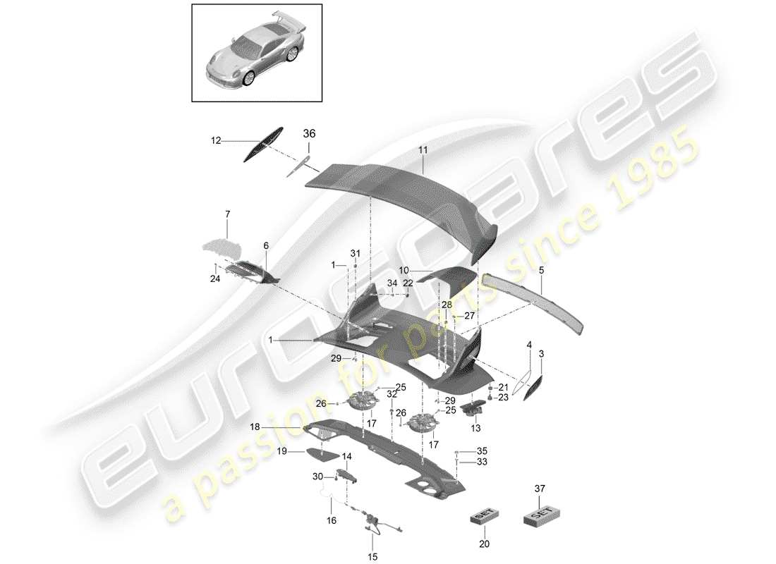 Porsche 991R/GT3/RS (2014) REAR TRUNK LID Parts Diagram