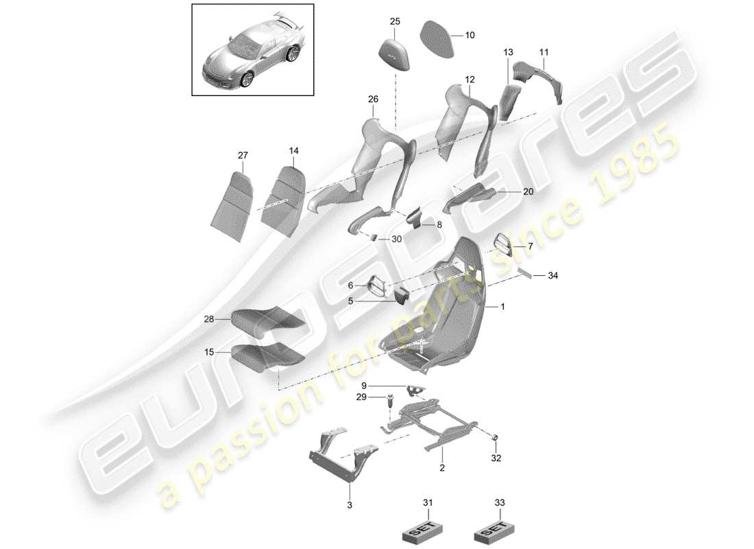 Porsche 991R/GT3/RS (2014) SEAT Parts Diagram