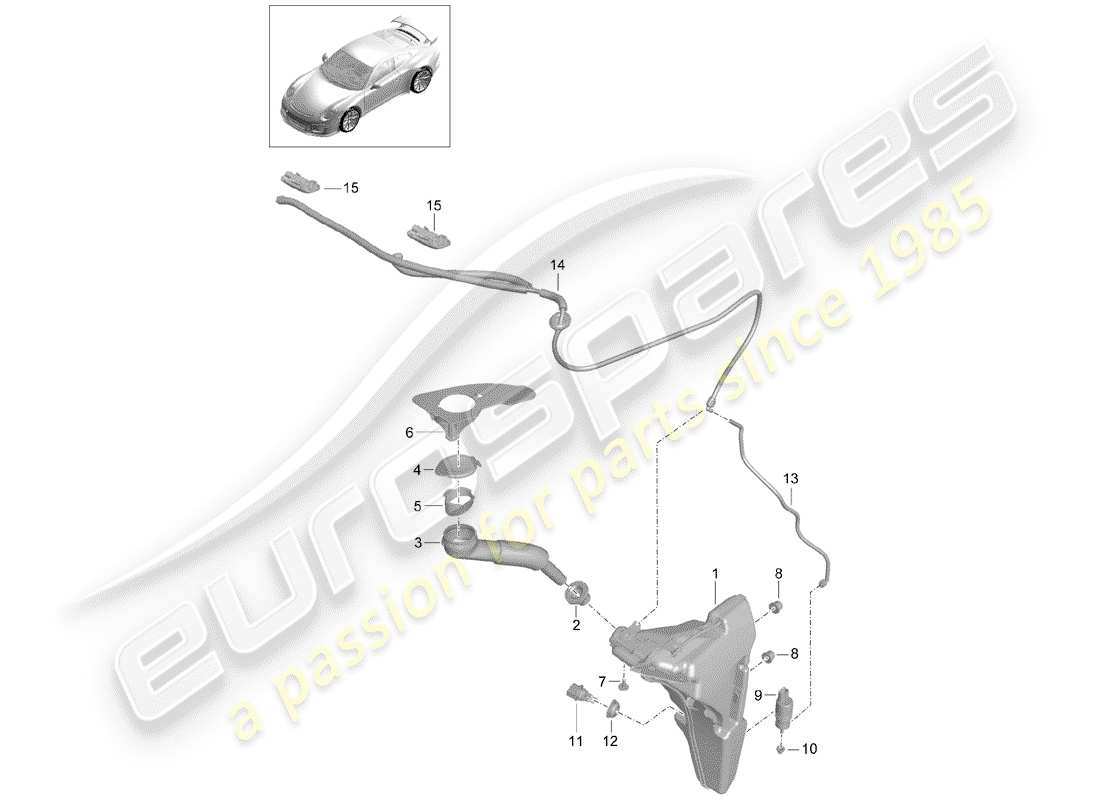 Porsche 991R/GT3/RS (2014) windshield washer unit Parts Diagram