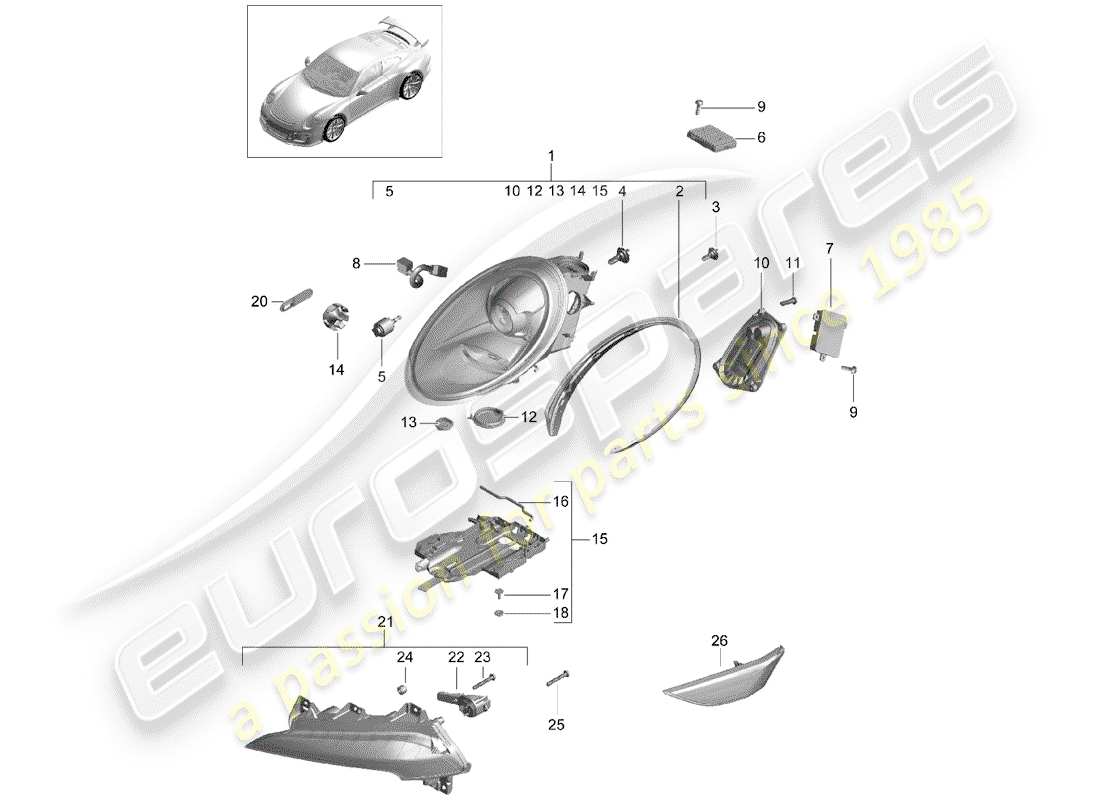 Porsche 991R/GT3/RS (2014) headlamp Parts Diagram