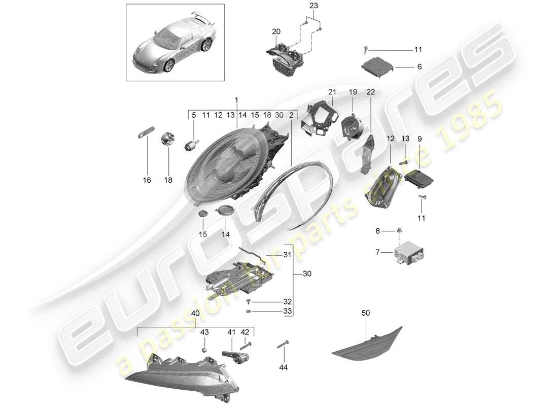 Porsche 991R/GT3/RS (2014) LED HEADLIGHT Parts Diagram