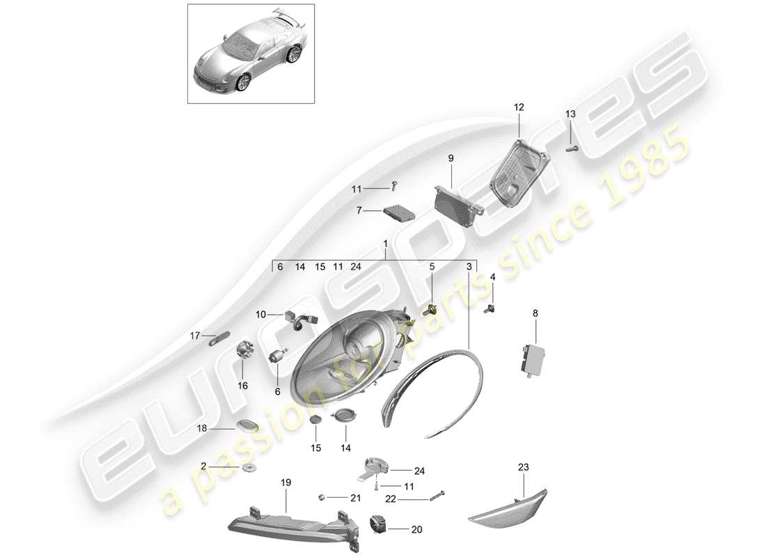 Porsche 991R/GT3/RS (2014) headlamp Parts Diagram