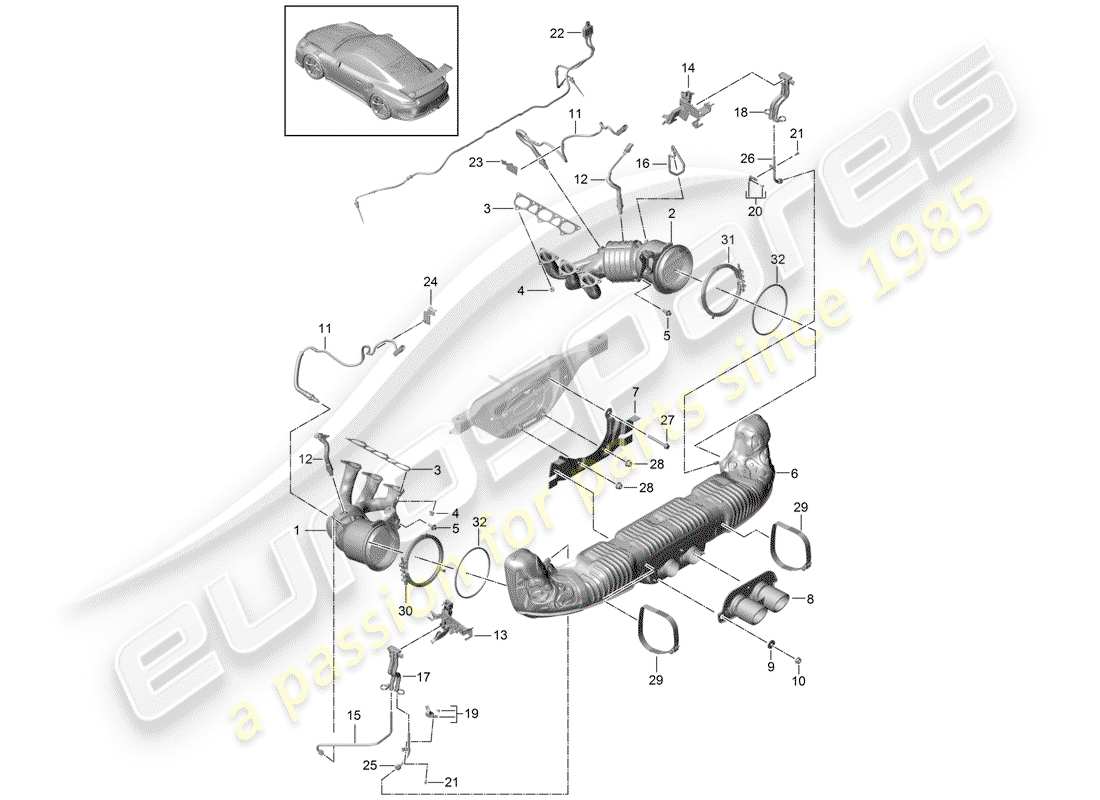 Porsche 991R/GT3/RS (2015) Exhaust System Part Diagram