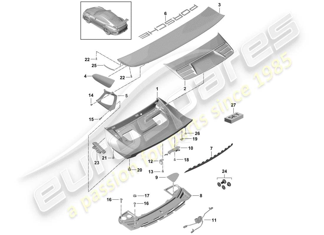 Porsche 991R/GT3/RS (2015) REAR TRUNK LID Part Diagram
