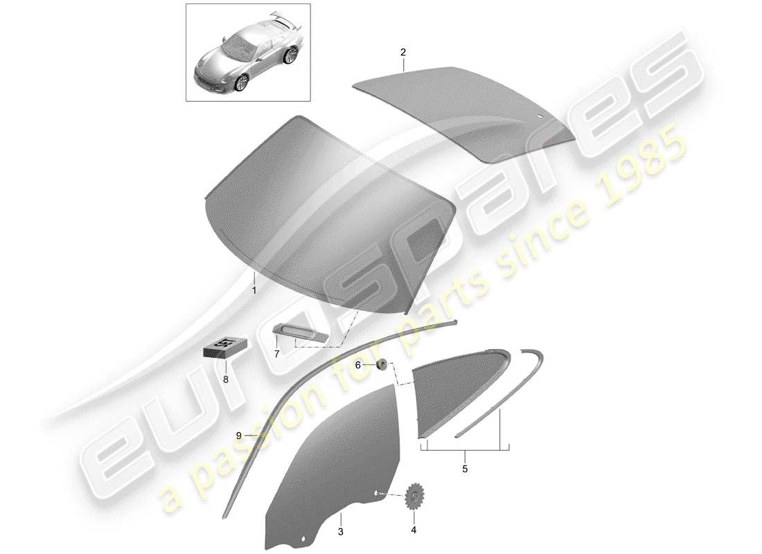 Porsche 991R/GT3/RS (2015) WINDOW GLASSES Part Diagram