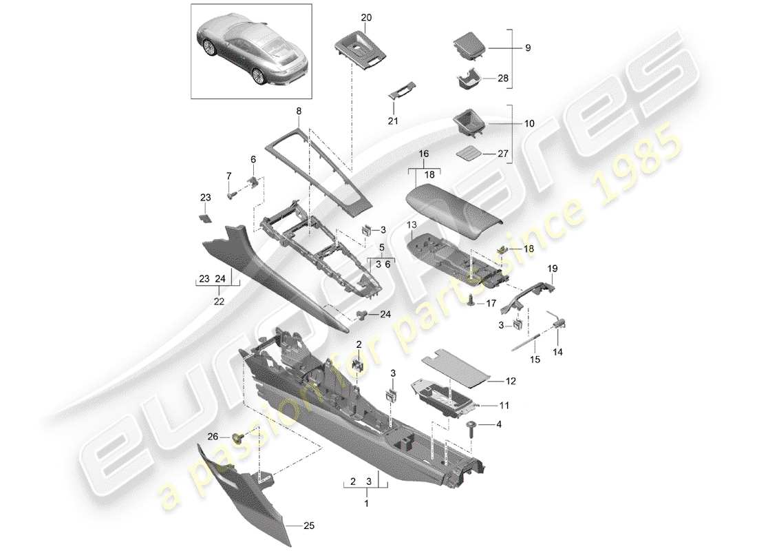 Porsche 991R/GT3/RS (2016) CENTER CONSOLE Part Diagram