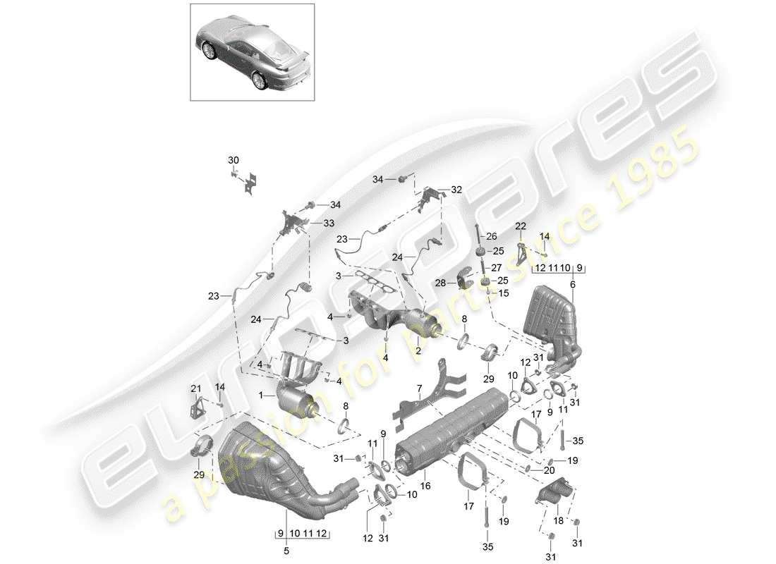 Porsche 991R/GT3/RS (2019) Exhaust System Part Diagram