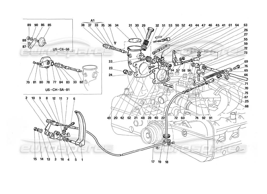 Ferrari Testarossa (1987) Throttles Control Part Diagram
