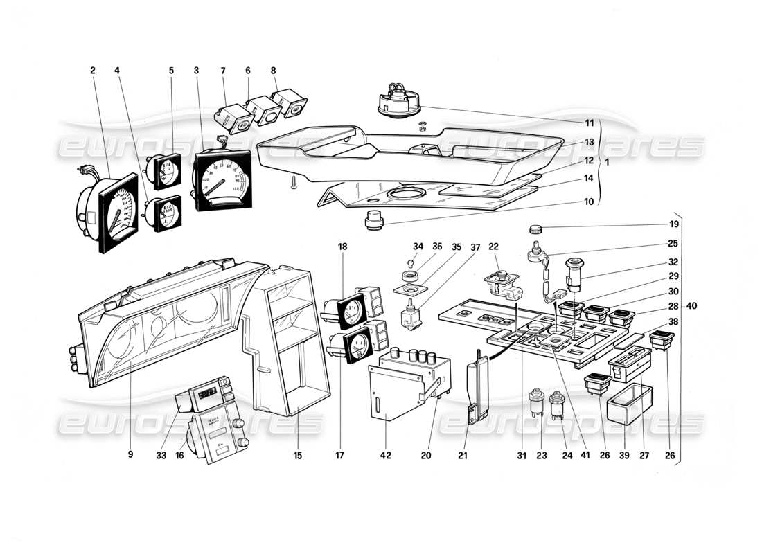 Ferrari Testarossa (1987) Instruments and Passenger Compartment Accessories (Not for U.S. Version MY 1987) Parts Diagram