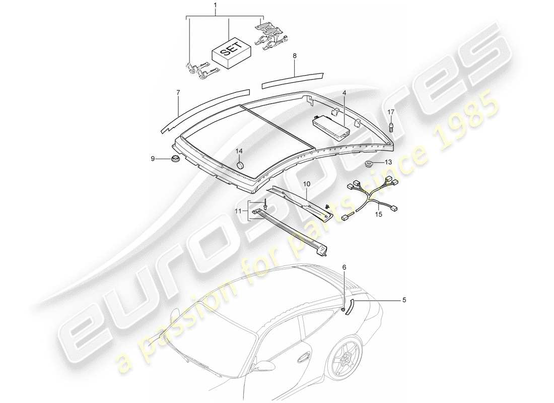 Porsche 997 Gen. 2 (2009) glass roof Part Diagram