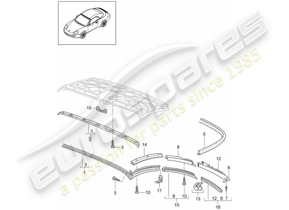 Porsche 997 Gen. 2 (2009) Convertible top Part Diagram