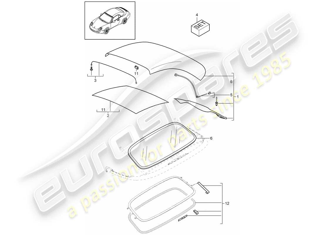 Porsche 997 Gen. 2 (2009) convertible top covering Part Diagram