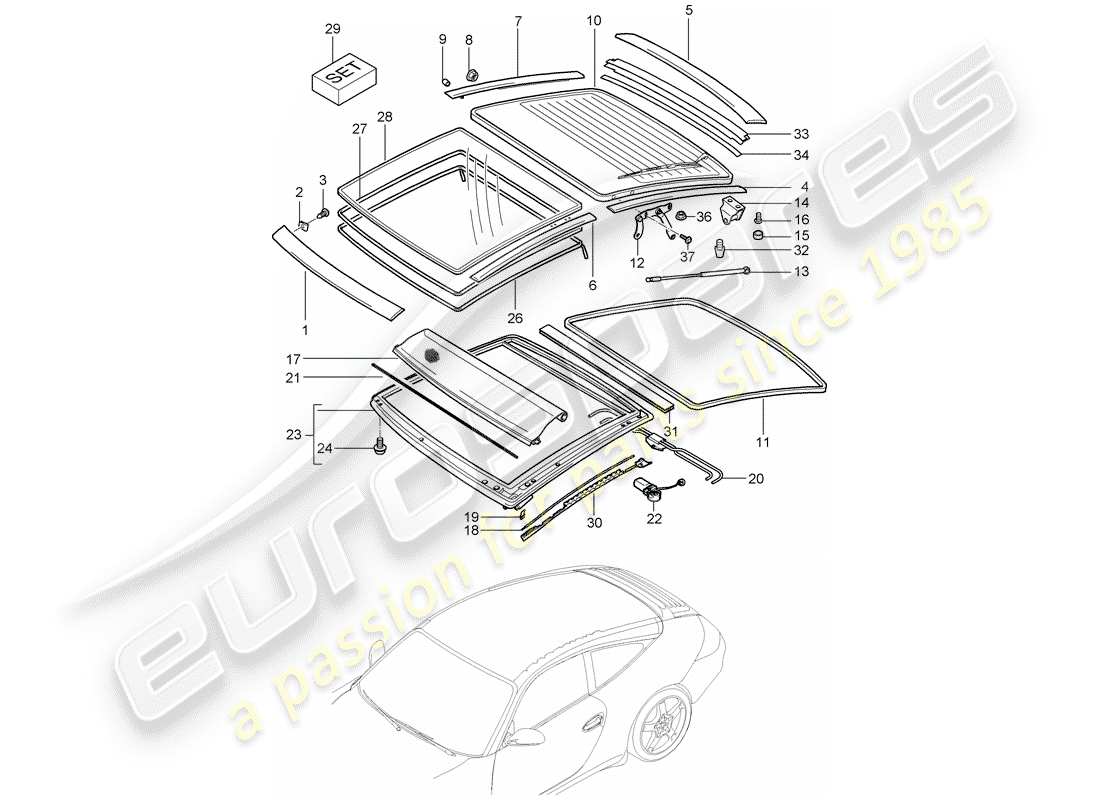 Porsche 997 Gen. 2 (2010) glass roof Part Diagram