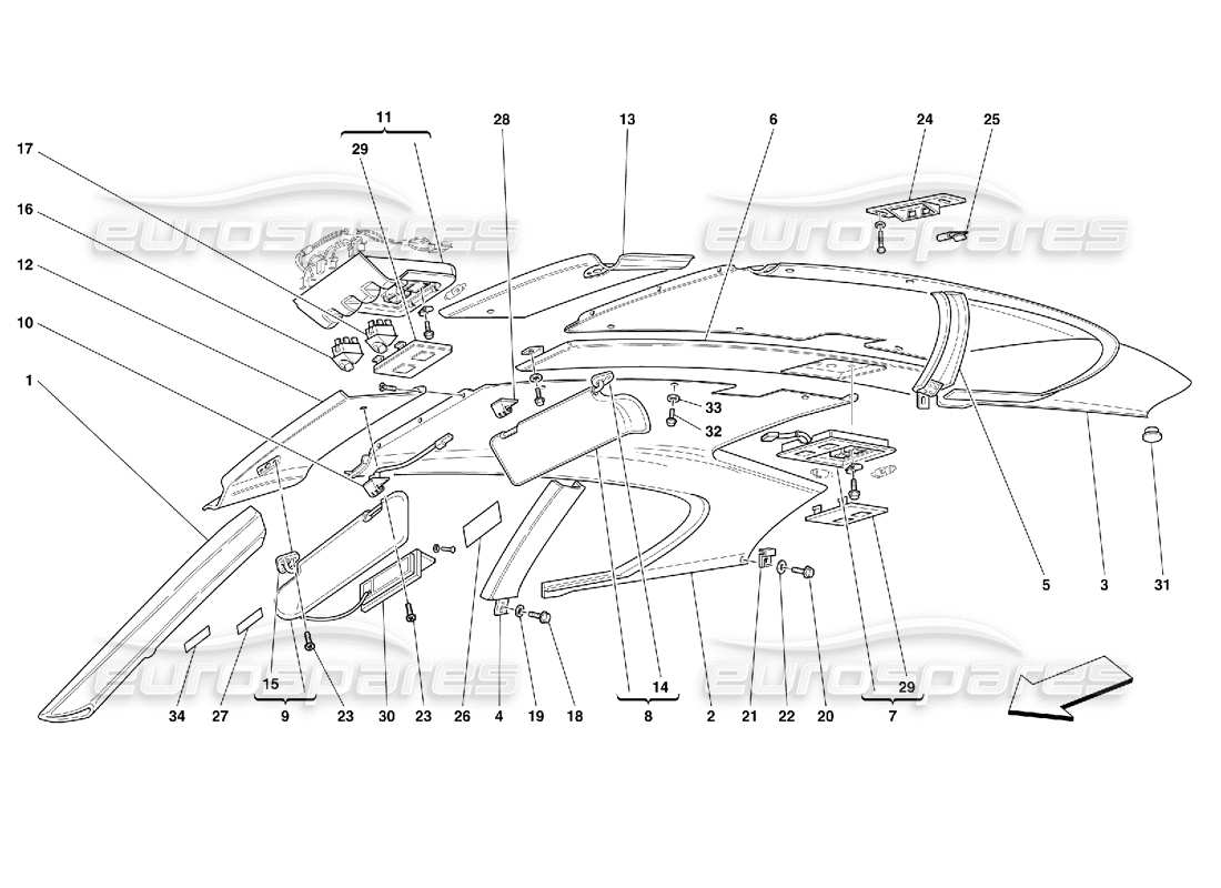 Ferrari 456 GT/GTA Roof Panel Upholstery and Accessories Parts Diagram