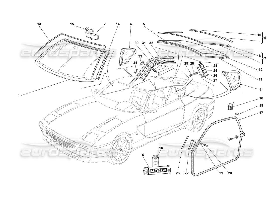 Ferrari 456 GT/GTA Glasses and Gasket Parts Diagram