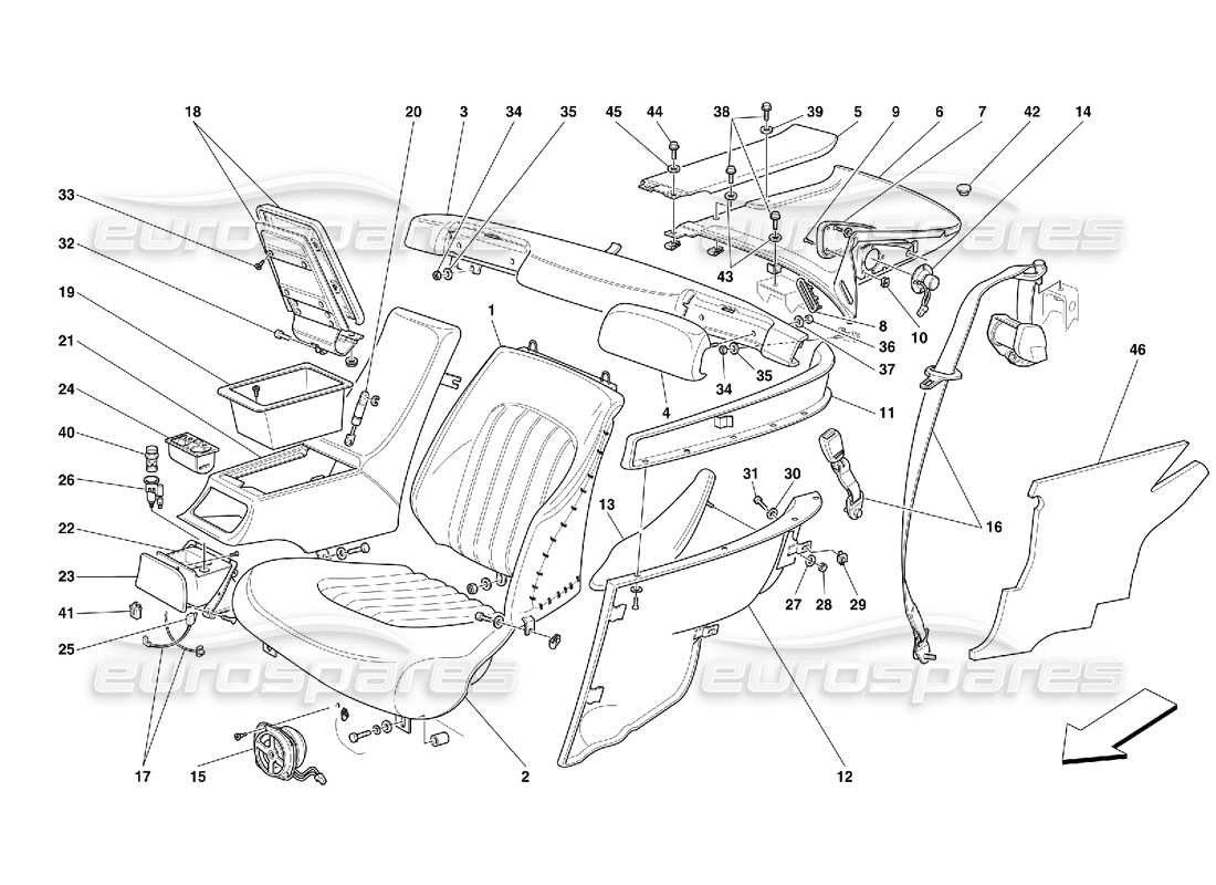 Ferrari 456 GT/GTA Rear Seats and Seat Belts Part Diagram