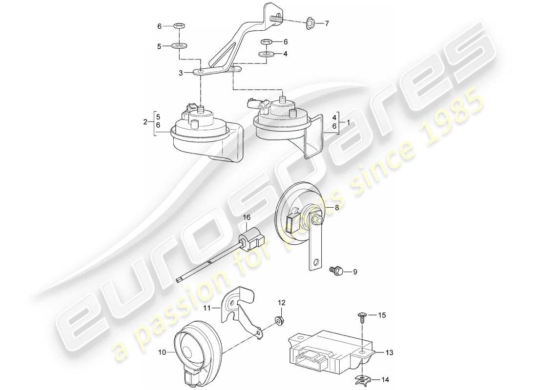 Porsche 997 GT3 (2009) fanfare horn Part Diagram