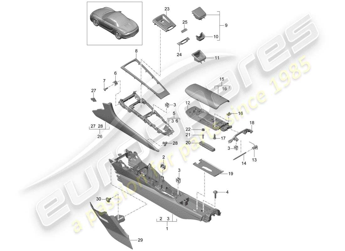 Porsche Boxster 981 (2013) CENTER CONSOLE Part Diagram
