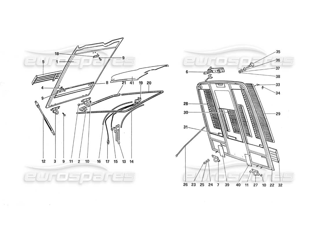 Ferrari 288 GTO Front and Rear Bonnet Parts Diagram