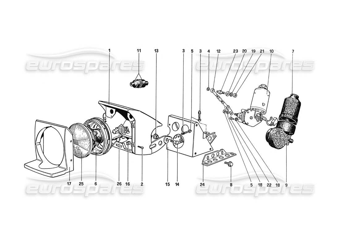 Ferrari 288 GTO Headlights Lifting Device and Sealed Beams Parts Diagram