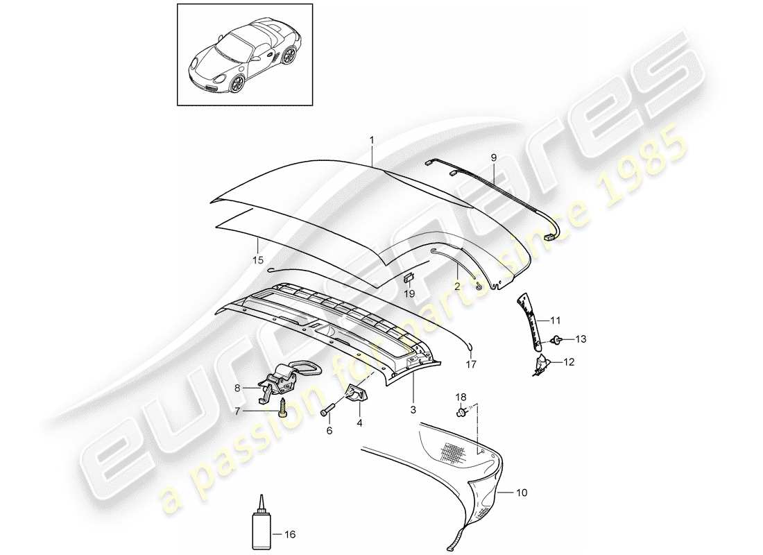 Porsche Boxster 987 (2009) convertible top covering Part Diagram