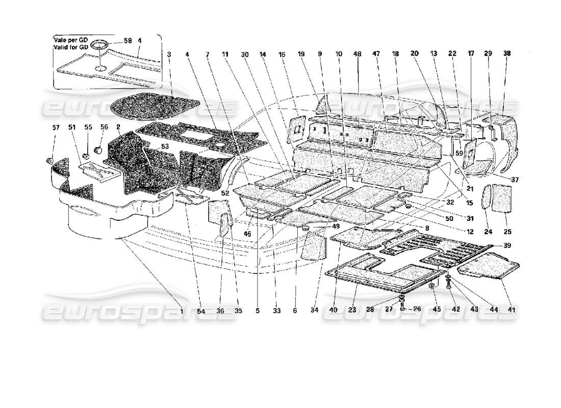 Ferrari 512 TR Carpet for Luggage Compartment and Insulation Panels Part Diagram