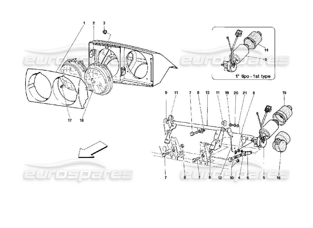 Ferrari 512 TR Front Headlight Lifting Device Part Diagram