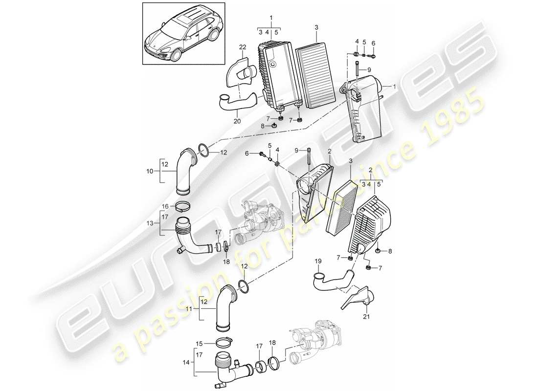 Porsche Cayenne E2 (2012) air cleaner with connecting Part Diagram